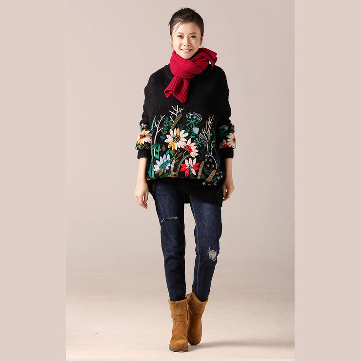 Cute Sweater weather Women o neck black  Ugly knitwear embroidery fall