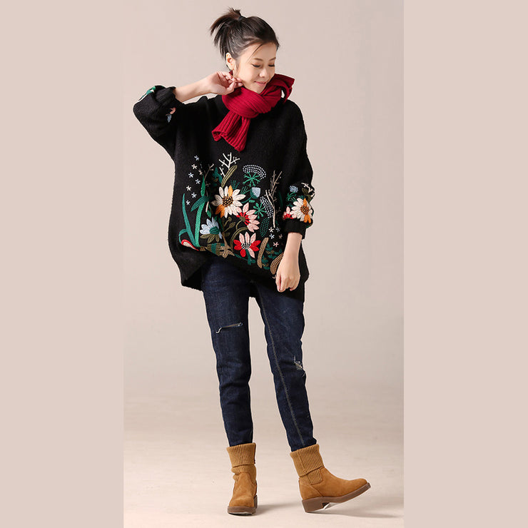 Cute Sweater weather Women o neck black  Ugly knitwear embroidery fall