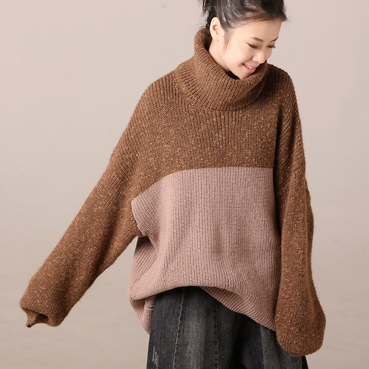 Cute Sweater weather plus size high neck khaki oversized knitwear patchwork