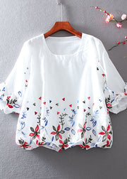 Cute White O-Neck Embroidered Chiffon tops lantern sleeve