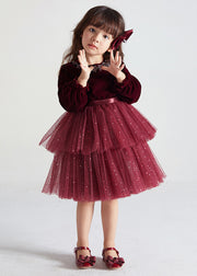 Cute Wine Red Ruffled Tulle Patchwork Warm Fleece Kids Girls Dress Fall