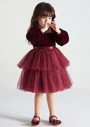 Cute Wine Red Ruffled Tulle Patchwork Warm Fleece Kids Girls Dress Fall