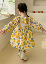 Cute Yellow O Neck Print Cotton Kids Girls Robe Dresses Fall