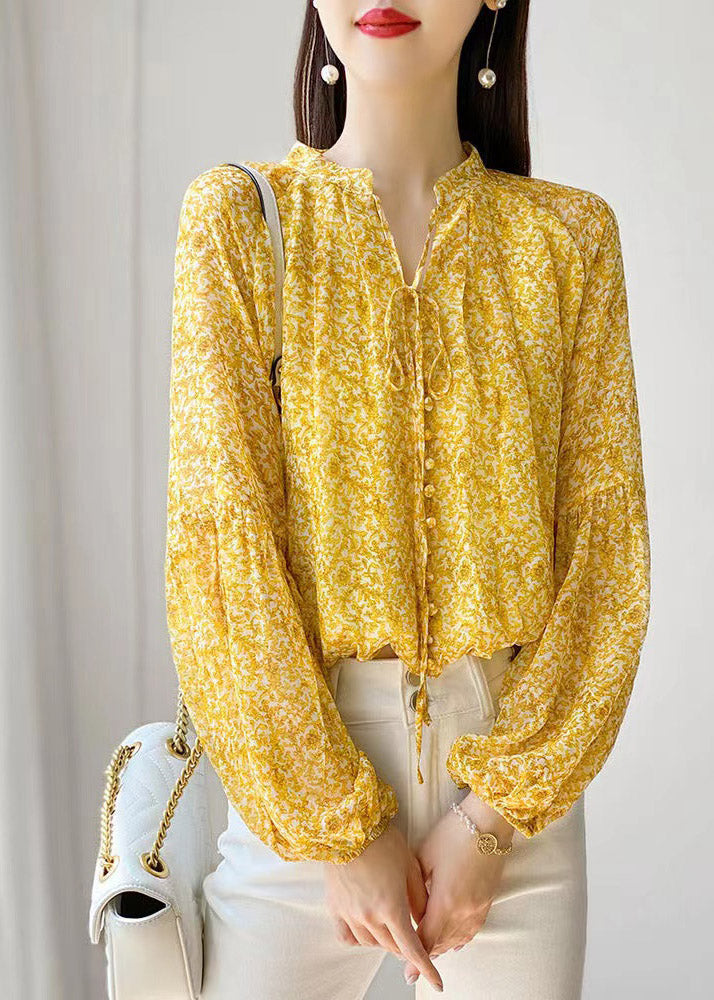 Cute Yellow Stand Collar Print Button Lace up Chiffon Shirt Long sleeve