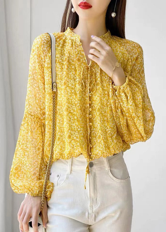 Cute Yellow Stand Collar Print Button Lace up Chiffon Shirt Long sleeve