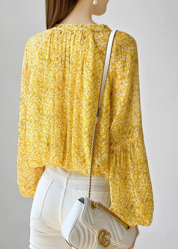 Cute Yellow Stand Collar Print Button Lace up Chiffon Shirt Long sleeve