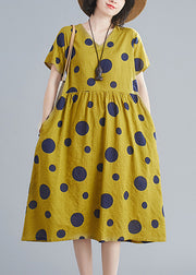 Cute Yellow Wrinkled V Neck Pockets Dot Print Cotton Dresses Short Sleeve