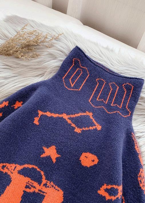 Cute alphabet prints navy knitwear  plus size high neck knit blouse - bagstylebliss