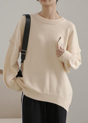 Cute beige crane tops o neck Cinched plus size sweaters - bagstylebliss