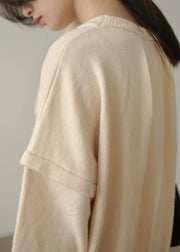 Cute beige crane tops o neck Cinched plus size sweaters - bagstylebliss