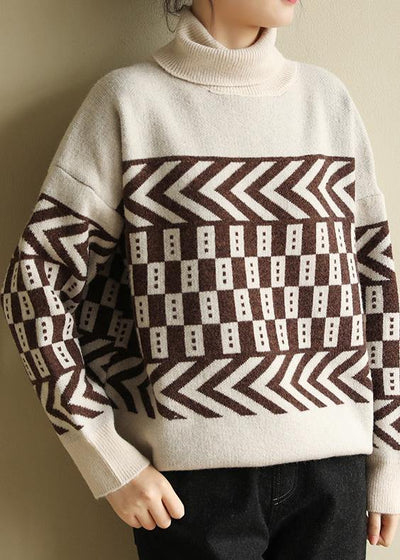 Cute beige knitted pullover patchwork oversized high neck sweaters - bagstylebliss