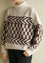 Cute beige knitted pullover patchwork oversized high neck sweaters - bagstylebliss