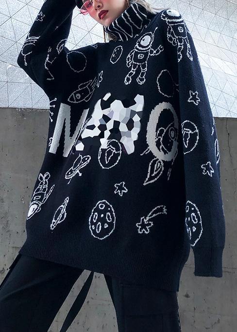 Cute black Cartoon print knitted t shirt casual high neck knit sweat tops - bagstylebliss