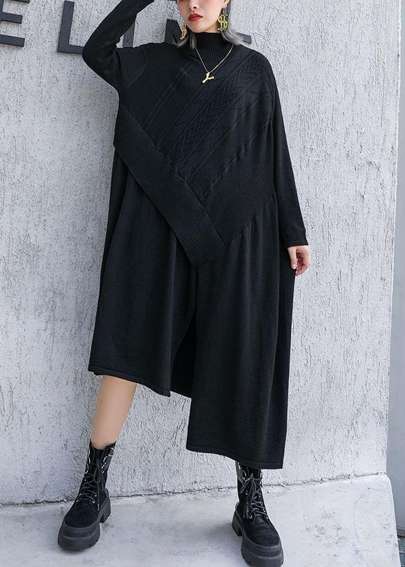 Cute black Sweater dress outfit plus size side open asymmetric oversized fall knit top - bagstylebliss