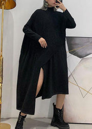 Cute black Sweater dress outfit plus size side open asymmetric oversized fall knit top - bagstylebliss