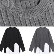 Cute black knit tops o neck false two pieces oversize knitted blouse - bagstylebliss