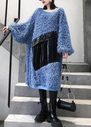 Cute blue Sweater weather plus size o neck tassel Big sweater dresses - bagstylebliss