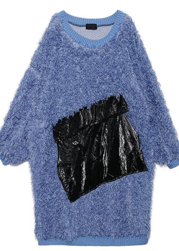 Cute blue Sweater weather plus size o neck tassel Big sweater dresses - bagstylebliss
