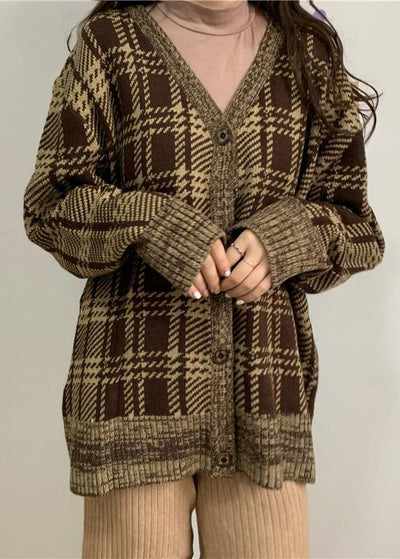 Cute brown plaid knit cardigans Loose fitting winter knit outwear v neck - bagstylebliss