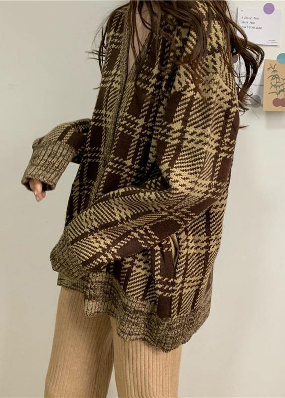 Cute brown plaid knit cardigans Loose fitting winter knit outwear v neck - bagstylebliss