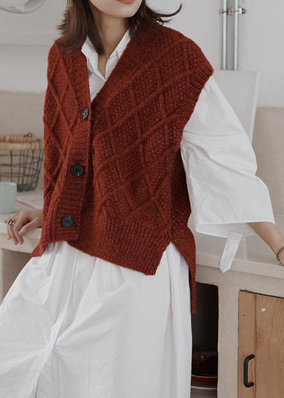 Cute burgundy sweater tops Loose fitting sleeveless knitwear v neck - bagstylebliss