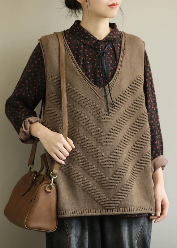 Cute fall knit outwear fashion brown v neck sleeveless knitted cardigans - bagstylebliss