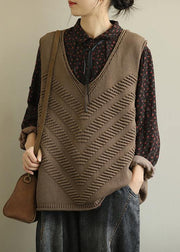 Cute fall knit outwear fashion brown v neck sleeveless knitted cardigans - bagstylebliss