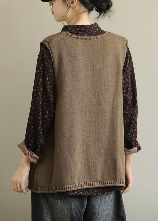 Cute fall knit outwear fashion brown v neck sleeveless knitted cardigans - bagstylebliss