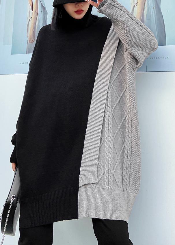 Cute gray clothes For Women high neck patchwork trendy plus size knitwear - bagstylebliss