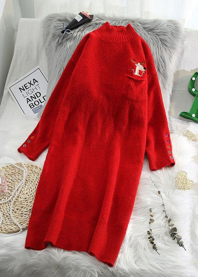 Cute half high neck Sweater spring weather plus size red Mujer knit dress - bagstylebliss