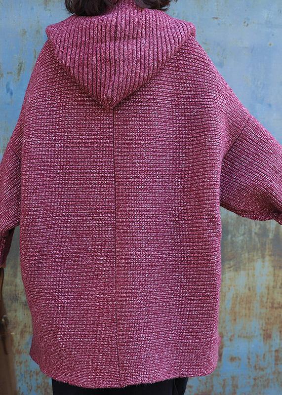 Cute hooded knitted coat oversize red two big pockets sweater coat - bagstylebliss