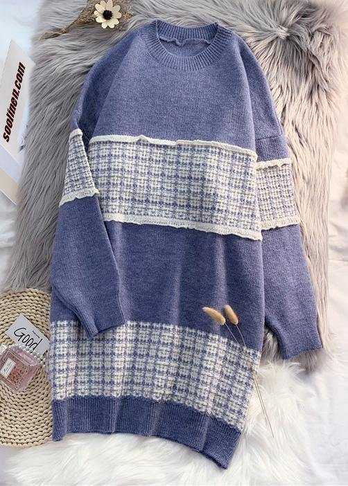 Cute o neck  Sweater blue knit top pattern Upcycle patchwork DIY knit dress - bagstylebliss