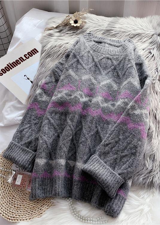Cute o neck Sweater dress outfit plus size dark gray striped oversized knit dresses - bagstylebliss