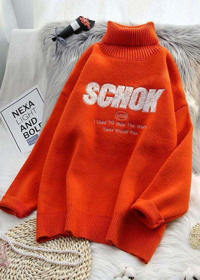 Cute orange knitted clothes alphabet oversize high neck knit sweat tops - bagstylebliss