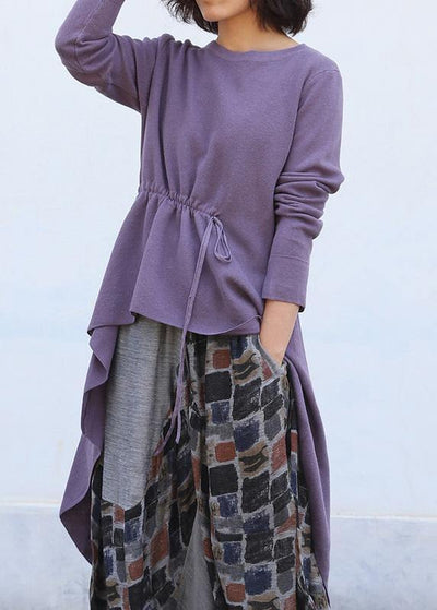 Cute purple clothes trendy plus size o neck knitted blouse drawstring asymmetric - bagstylebliss