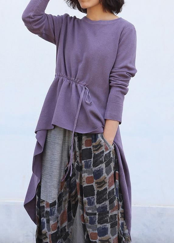 Cute purple clothes trendy plus size o neck knitted blouse drawstring asymmetric - bagstylebliss
