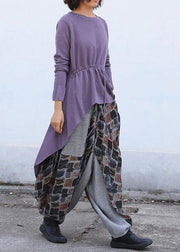 Cute purple clothes trendy plus size o neck knitted blouse drawstring asymmetric - bagstylebliss