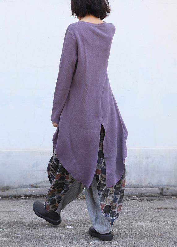 Cute purple clothes trendy plus size o neck knitted blouse drawstring asymmetric - bagstylebliss