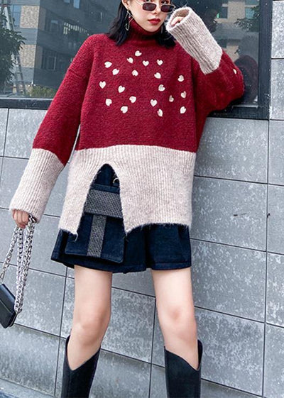 Cute red clothes For Women side open fall fashion patchwork knit sweat tops - bagstylebliss