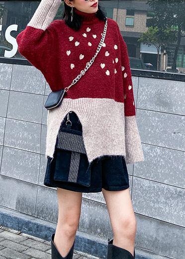 Cute red clothes For Women side open fall fashion patchwork knit sweat tops - bagstylebliss