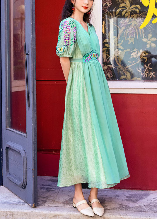 Cyan Silk Long Dresses Cinched V Neck Short Sleeve