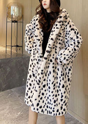 DIY Beige Hooded Leopard Print Fuzzy Fur Fluffy Coat Winter
