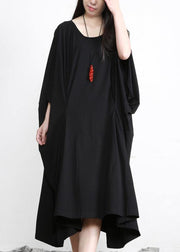 DIY Black Asymmetric Cotton Long Dress O Neck - bagstylebliss