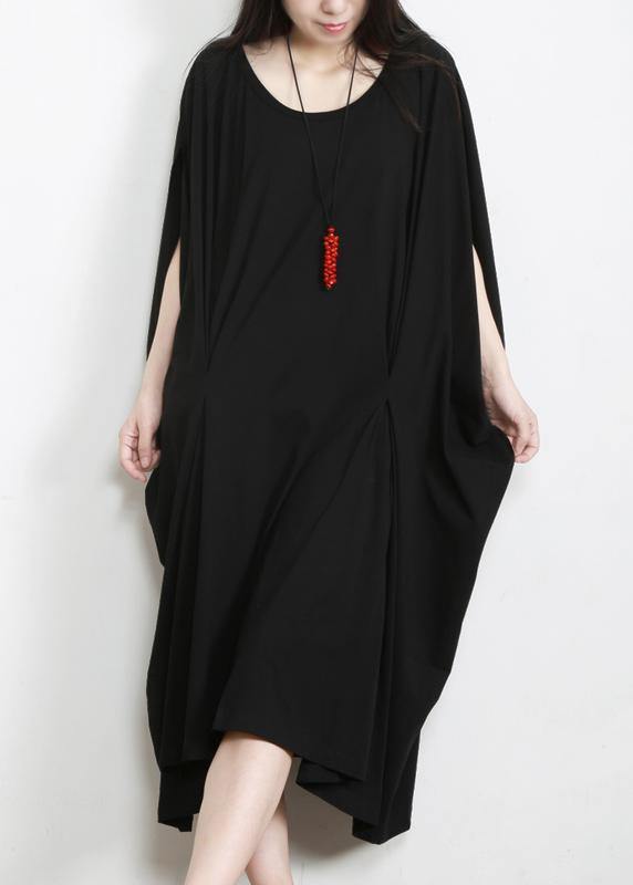 DIY Black Asymmetric Cotton Long Dress O Neck - bagstylebliss