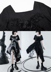 DIY Black Asymmetrical Design Tulle Patchwork Cotton Vacation Dress Summer