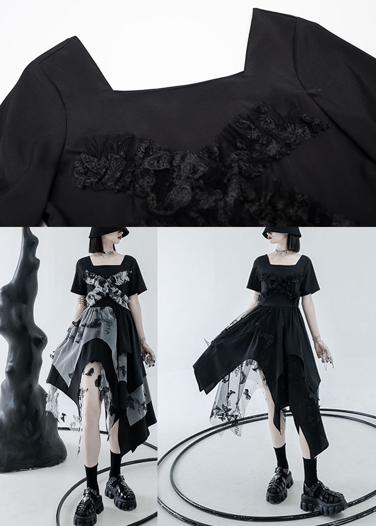 DIY Black Asymmetrical Design Tulle Patchwork Cotton Vacation Dress Summer