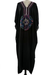 DIY Black Embroideried Batwing Sleeve Beach Gown Party Dress Summer