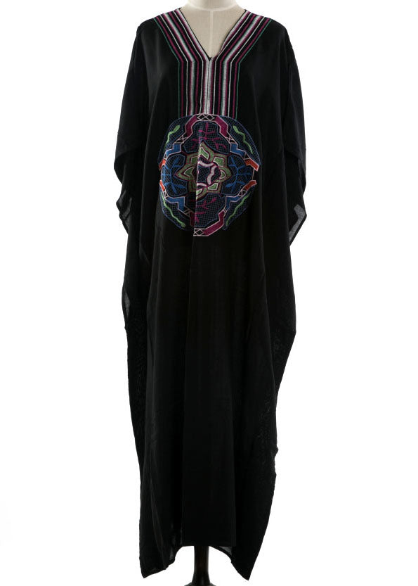 DIY Black Embroideried Batwing Sleeve Beach Gown Party Dress Summer