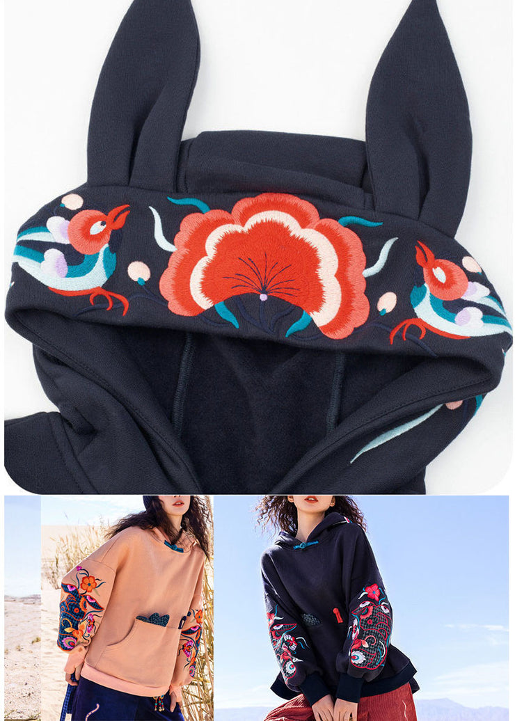 DIY schwarz bestickte Taschen warmer Fleece-Pullover Streetwear Frühling