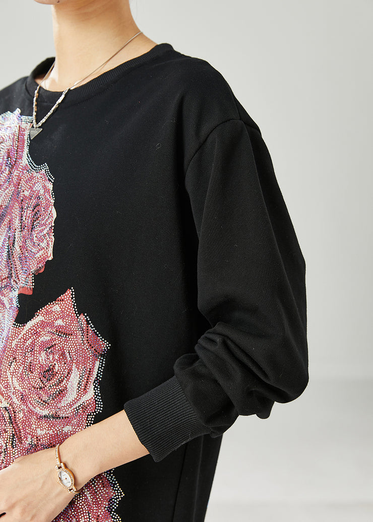 DIY Black Floral Oversized Cotton Pullover Streetwear Spring